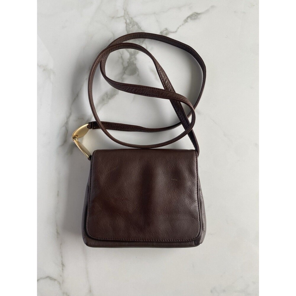 Vintage DKNY Brown Leather Mini Crossbody Bag Gold Hardware Flap Purse 90s Y2K